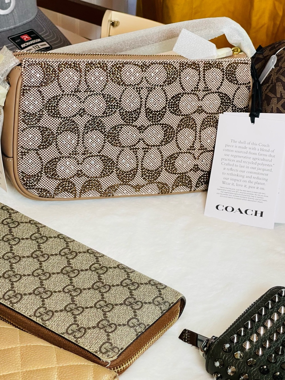 Coach Crystal Authentic Pochette Signature Jacquard Zip Pouch in Beige